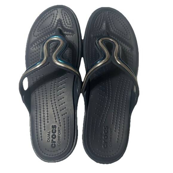 CROCS Sanrah  Women's 8  Gray Navy Blue Silver Metal Block Slide Sandal - Picture 7 of 12